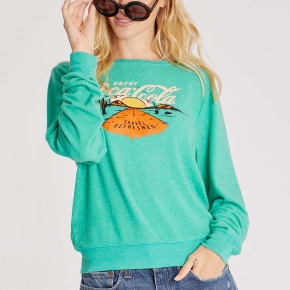 NWT Wildfox Hollywood Green Coca Cola Travel Refreshed Baggy Beach Jumper